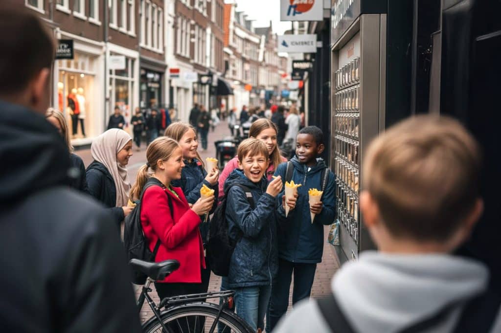 Schoolkinderen eten patat in de pauze